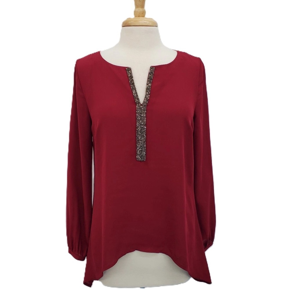 Juicy Couture Womens M Red Rhinestone Split Neck Semi-Sheer Long Sleeve‎ Blouse